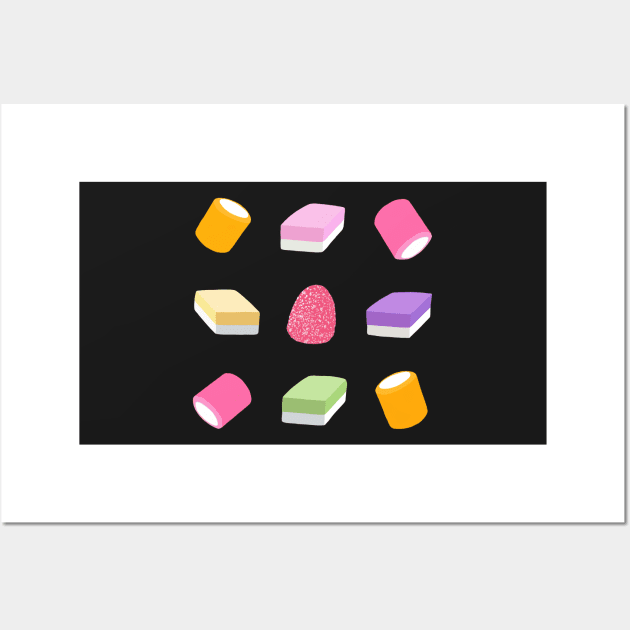 Dolly Mixture Sweets Colourful Pattern on Black Wall Art by yellowkats